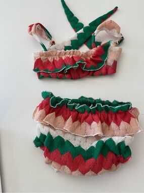 Montce Girls Ruffled Two-Piece Swim Set in Red, Green & Pink